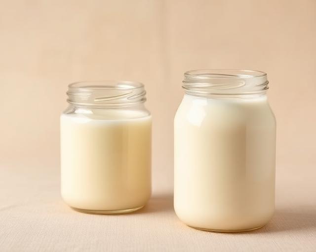 Creamy yogurt and kefir in glass jars on neutral background